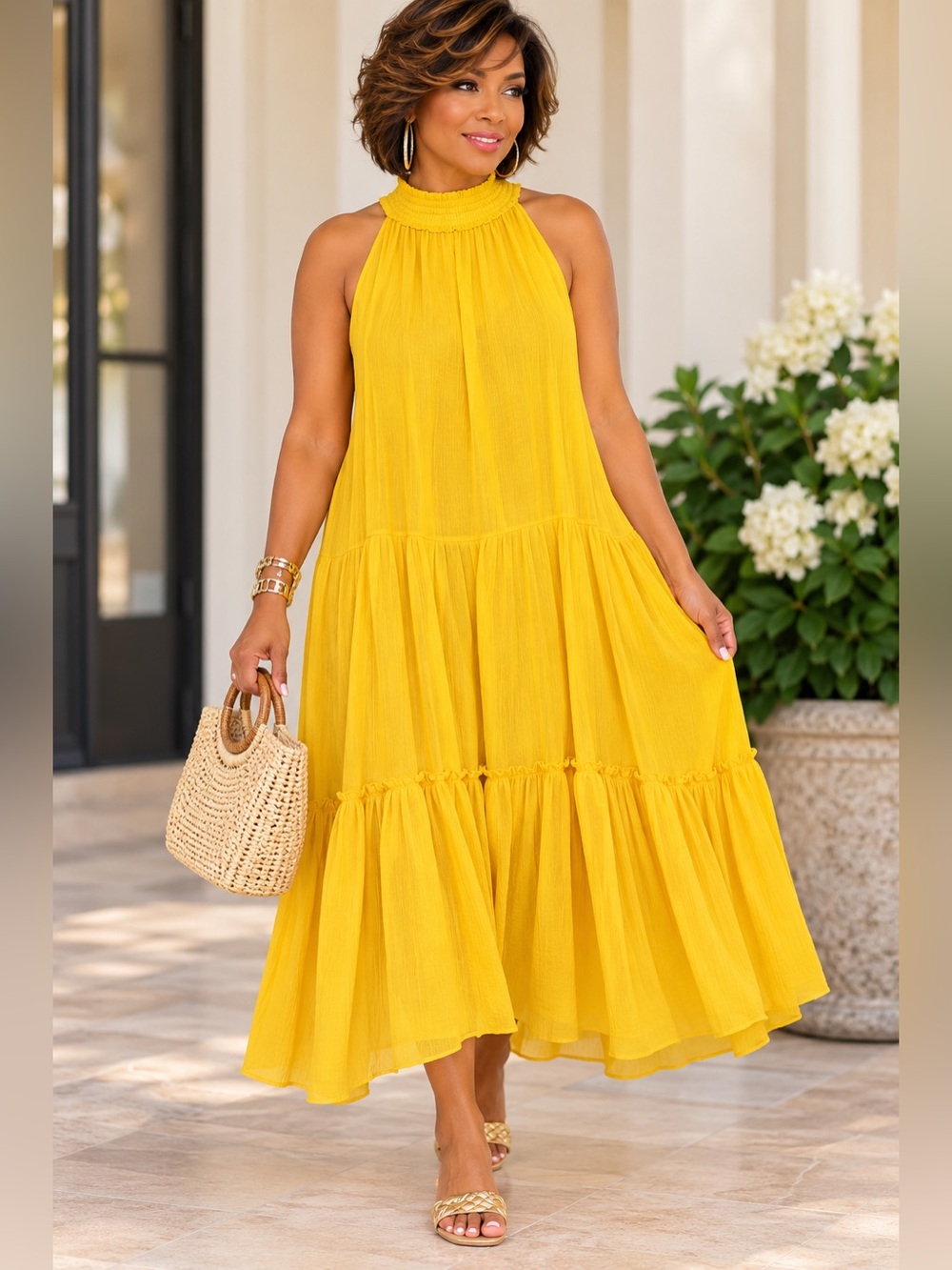 Mlle Gabrielle Mustard Yellow Tiered Maxi Dress Sleeveless Size 2X